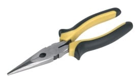 Long nose pliers with yellow and black rubber grips, featuring a pointed tip and a cutting edge, ideal for precision tasks.