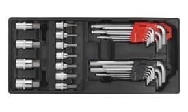 Comprehensive tool set featuring various sockets and hex keys in a sturdy black tray, suitable for mechanical and DIY tasks.