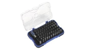 A comprehensive screwdriver bit set featuring various sizes and types of bits, housed in a transparent case for easy storage and access.