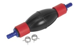 Fuel line primer bulb with red ends and metal clamps for secure attachment, designed for efficient fuel delivery in engines.