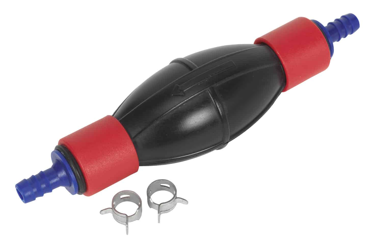 Fuel line primer bulb with red ends and metal clamps for secure attachment, designed for efficient fuel delivery in engines.