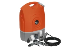 Sealey 20L portable pressure washer with accessories including nozzle and hose, ideal for outdoor cleaning tasks.