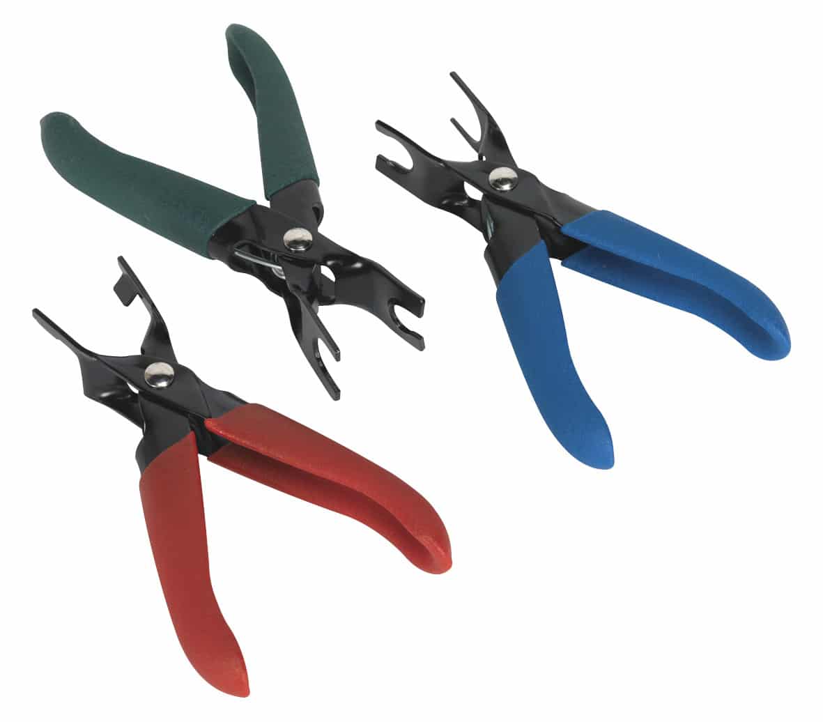 Set of three multi-colour pliers featuring red, green, and blue handles, designed for various gripping and fastening tasks.