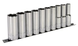 10-piece chrome socket set with various sizes on a metal rail for easy organisation and access.