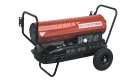 Portable space heater with a red metal casing and wheels, designed for efficient heating in various environments.