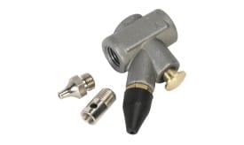 Air hose connector with two additional fittings for pneumatic systems, featuring a metal body and rubber nozzle.