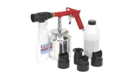 Sealant application kit featuring a spray gun, metal canister, and various nozzles for efficient sealing tasks.