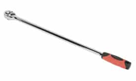 Chrome ratchet wrench featuring a long handle and red rubber grip, ideal for automotive and mechanical tasks.