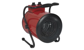 Red portable electric heater with adjustable controls and protective grill, suitable for indoor heating.