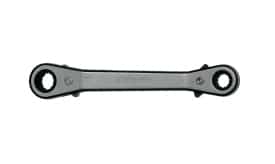 Dual-ended ratchet spanner tool with a silver finish and black grip for efficient fastening and loosening of nuts and bolts.