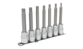7-piece hex socket set featuring various sizes of hex and star sockets mounted on a metal rail for easy storage.