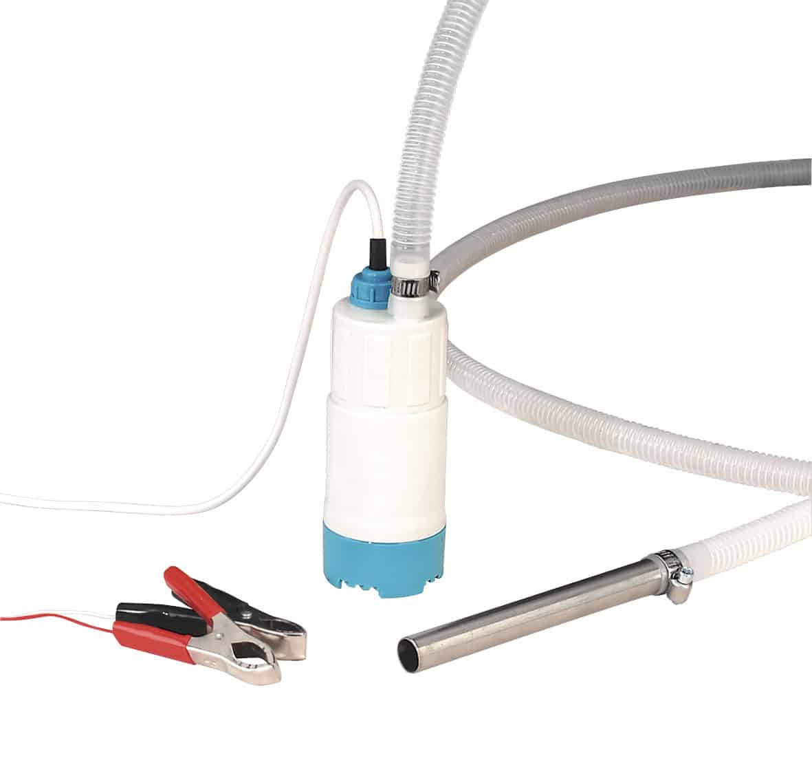 Submersible water pump featuring clamps, hose, and power connection for efficient water transfer and drainage applications.
