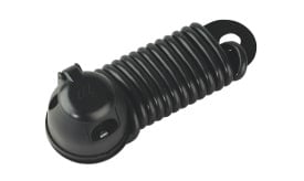 Black rubber bumper stop with a coiled design, suitable for various applications and providing cushioning and protection.