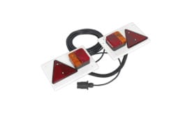 Dual LED warning light set featuring red and amber lights with triangular reflectors and wiring harness for vehicles.