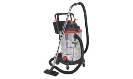 Power Clean FC480 wet and dry vacuum cleaner with a stainless steel body and flexible hose, designed for versatile cleaning tasks.
