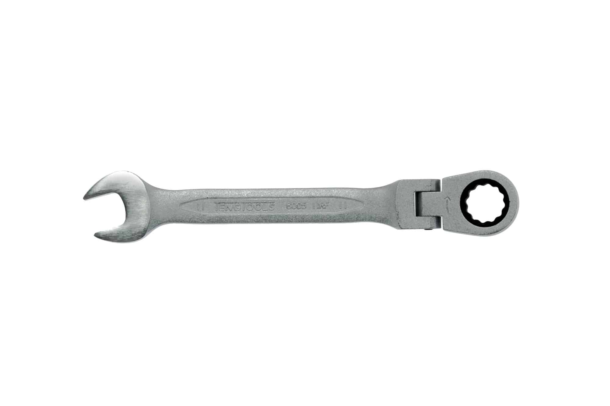 Adjustable ratchet wrench tool with a polished finish, featuring a standard open end and a ratchet mechanism for ease of use.