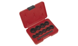 Black socket set with various sizes in a red plastic case, ideal for automotive and mechanical tasks.