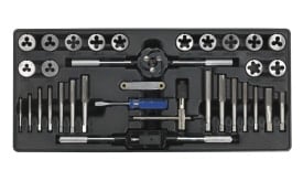 Comprehensive tap and die set featuring various taps, dies, and tools for threading and metalworking tasks.