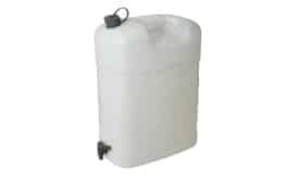 White plastic water storage container with a tap and screw cap, suitable for various liquids and storage needs.