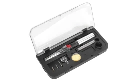 Precision tool set featuring various components in a clear case, ideal for detailed work and repairs, including a screwdriver and attachments.