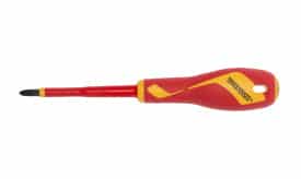 Teng Tools insulated screwdriver with a red and yellow handle, designed for electrical work, featuring a black tip for precision.