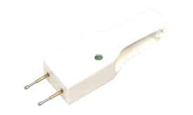 White electrical plug tester with two pins and a green indicator light for checking socket functionality.