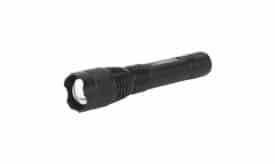 Compact black LED torch light with textured grip and bright lens, ideal for outdoor activities and emergency situations.
