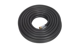 Black rubber hose coiled with a metal fitting, suitable for various applications including gardening and industrial use.