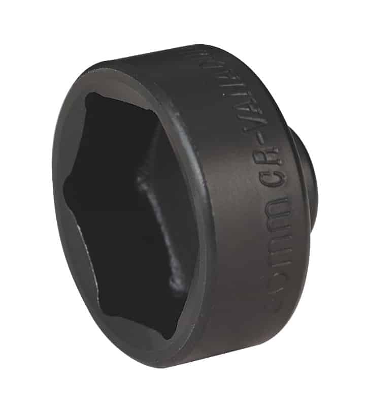 Black socket tool designed for automotive use, featuring a hexagonal opening for secure grip on fasteners, suitable for various sizes.