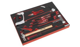 A comprehensive tool set featuring various hand tools including pliers, a hammer, and screwdrivers, all in red and black design.