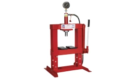 20-ton hydraulic workshop press with gauge and lever for metalworking tasks, featuring a robust red frame and dual plates.