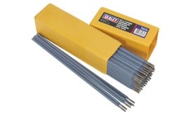 Sealey welding electrodes pack containing multiple blue electrodes in a yellow box, ideal for welding applications.
