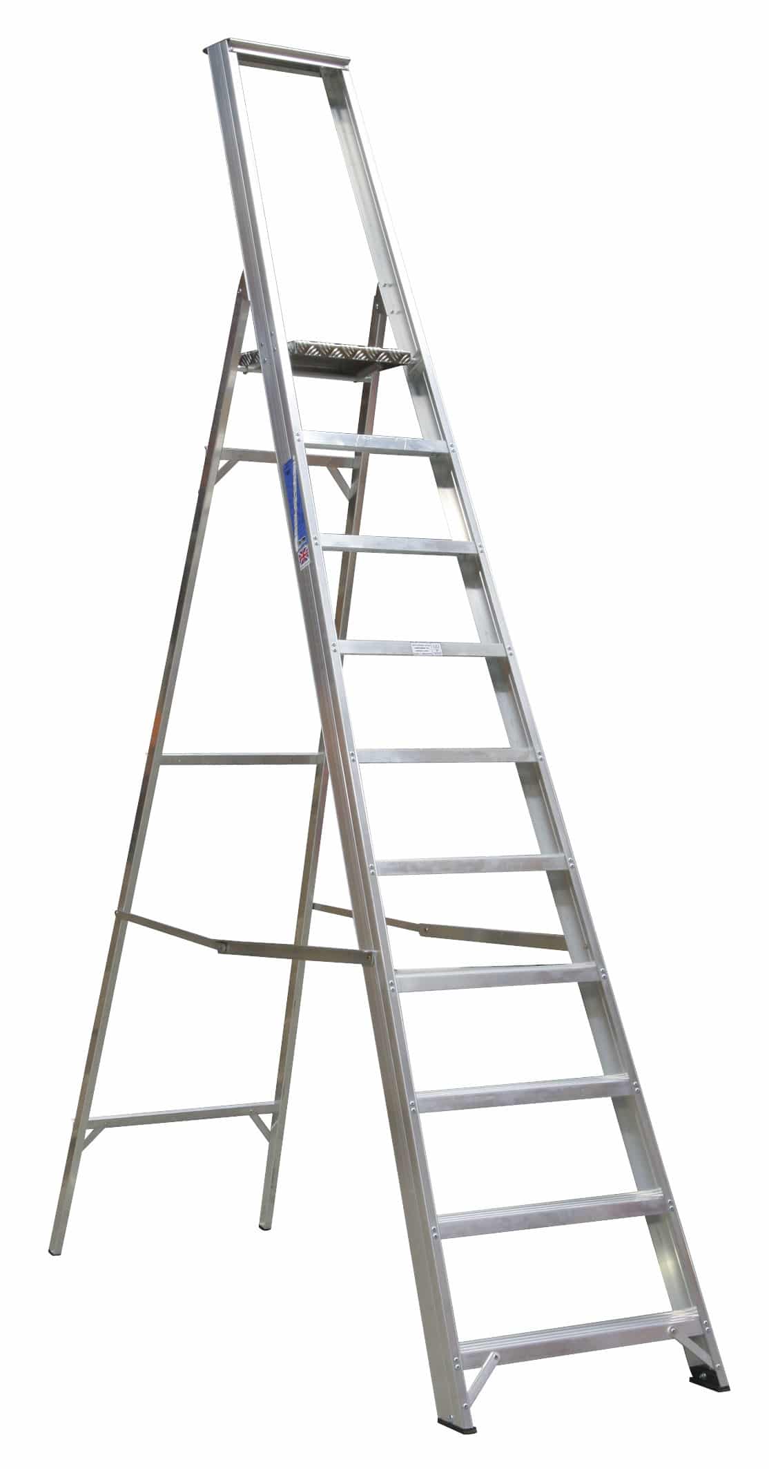 Aluminium step ladder with 10 rungs, featuring a sturdy design for safe access to elevated areas and tasks.