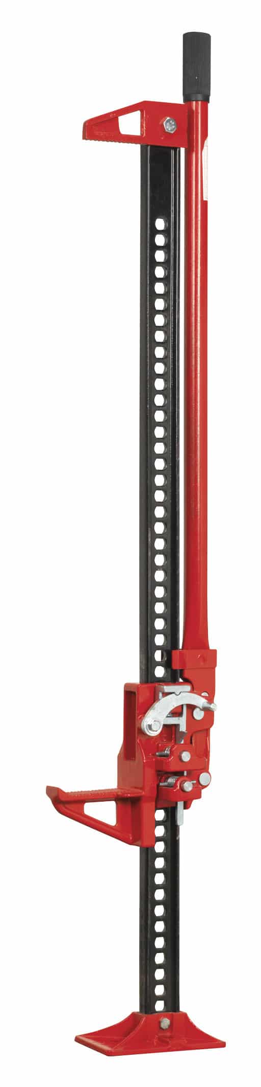 Heavy-duty hydraulic jack stand with a red and black design, featuring a sturdy base and adjustable height mechanism for lifting vehicles.