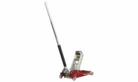 Hydraulic floor jack featuring a long handle and sturdy design, suitable for lifting vehicles and heavy loads with ease.