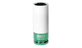 Sealey 22mm chrome socket with a green base and white body, ideal for automotive and mechanical applications.