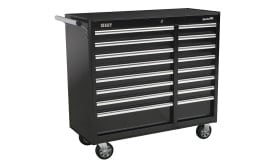 Sealey tool chest with 16 drawers, black finish, mobile storage solution for tools and equipment, suitable for workshops and garages.