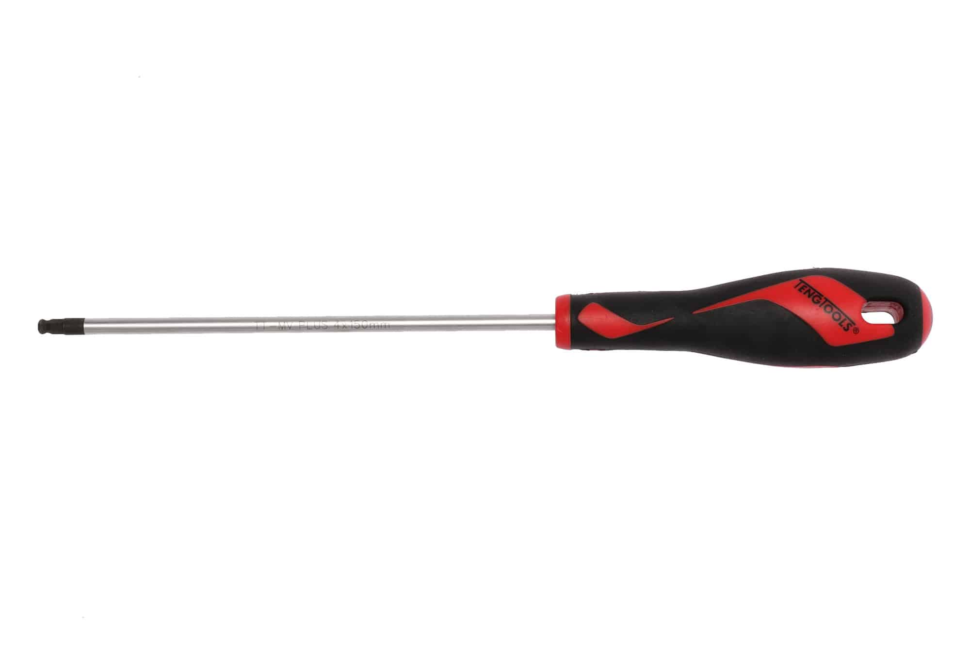 Red and black screwdriver with a long shaft, featuring a comfortable grip and a precision tip for various fastening tasks.