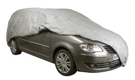 Grey car cover draped over a silver vehicle, providing protection from dust and weather elements.
