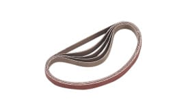 Multi-layered sanding belt featuring various grits for woodworking and metalworking applications, ideal for achieving smooth finishes.
