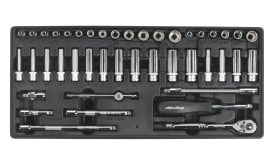 Comprehensive socket set featuring various sizes, ratchet handle, and accessories in a durable storage case for automotive repairs.