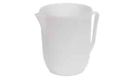 White plastic measuring jug with a handle and spout, suitable for measuring liquids, 1 litre capacity.