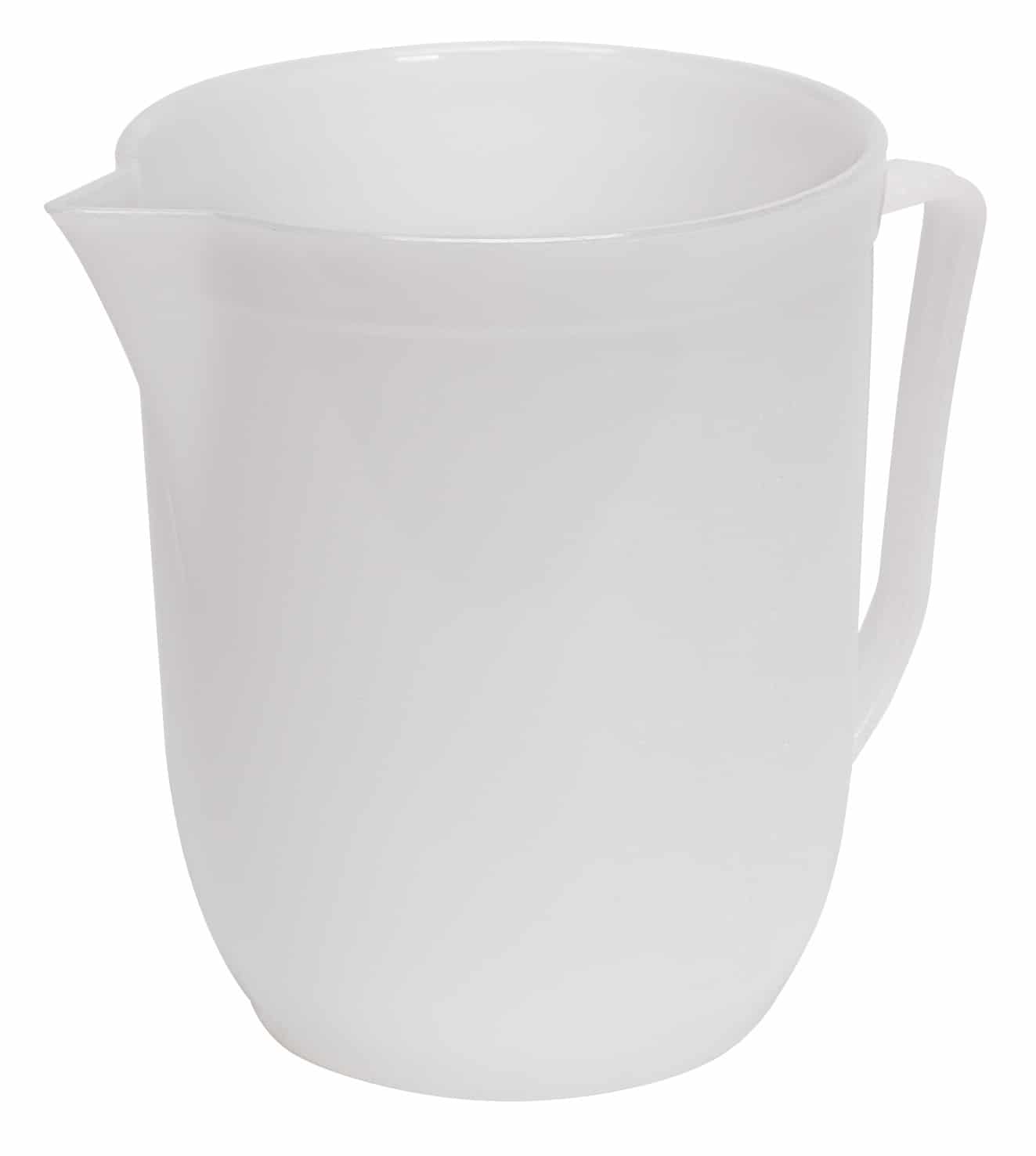 White plastic measuring jug with a handle and spout, suitable for measuring liquids, 1 litre capacity.