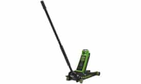 Premier hydraulic floor jack in green with a long handle, designed for lifting vehicles safely and efficiently.