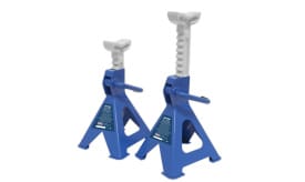 Set of heavy-duty car jack stands for vehicle support, featuring adjustable height and sturdy construction.
