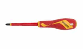 Teng Tools insulated screwdriver with a red and yellow handle, designed for electrical work, featuring a flat head and ergonomic grip.