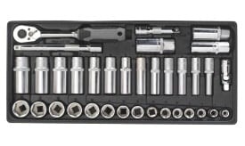 Comprehensive socket set featuring various sizes of chrome sockets and a ratchet wrench, ideal for automotive and mechanical tasks.