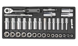 Comprehensive socket set featuring various sizes of chrome sockets and a ratchet wrench, ideal for automotive and mechanical tasks.