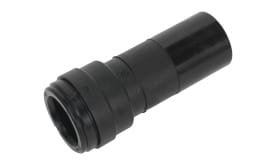 Black plastic pipe connector with a 22mm diameter, suitable for plumbing and drainage applications, featuring a secure locking mechanism.