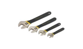 Premium adjustable wrench set featuring four sizes: 150mm, 200mm, 250mm, and 300mm, with ergonomic handles and chrome-plated jaws.